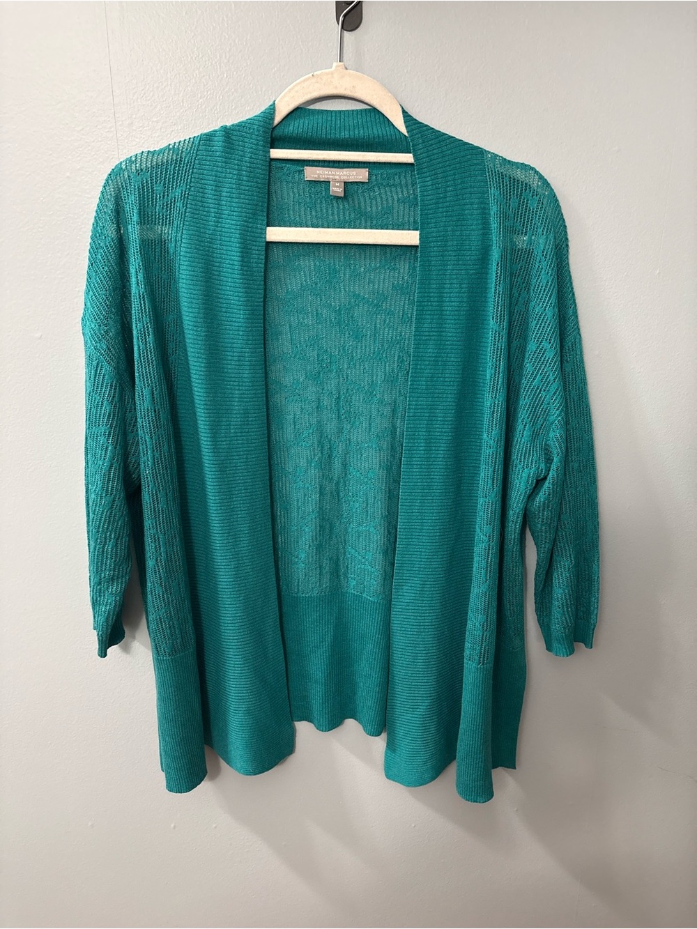 Neiman Marcus Teal Open-Front Lightweight Cardigan